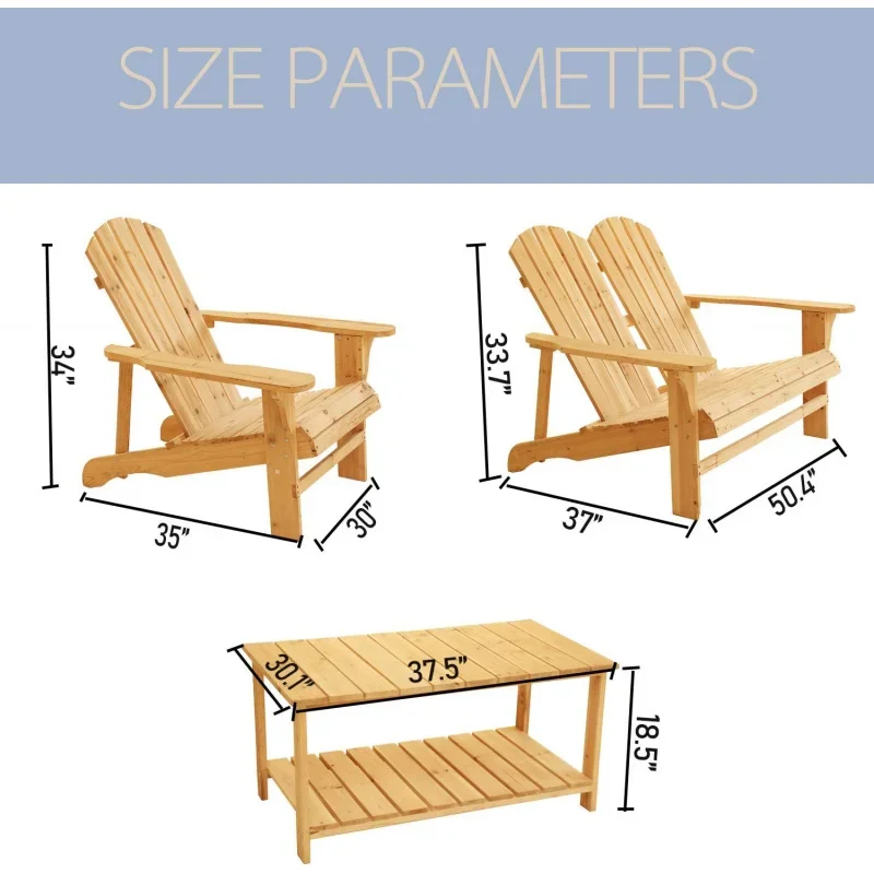 4-Piece Patio Adirondack Chair Set Outdoor Fir Wooden Chairs Include 1 Widened Armrest Loveseat, 2 Single Chairs and 1 Coffee Si