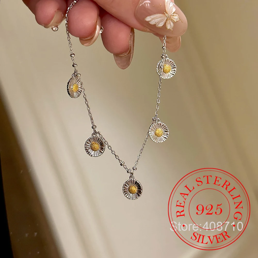 

925 Sterling Silver Jewelry Luxury Vintage Little Daisy Flower Chains Necklace For Women Choker Chain Wedding Party Jewelry Gift
