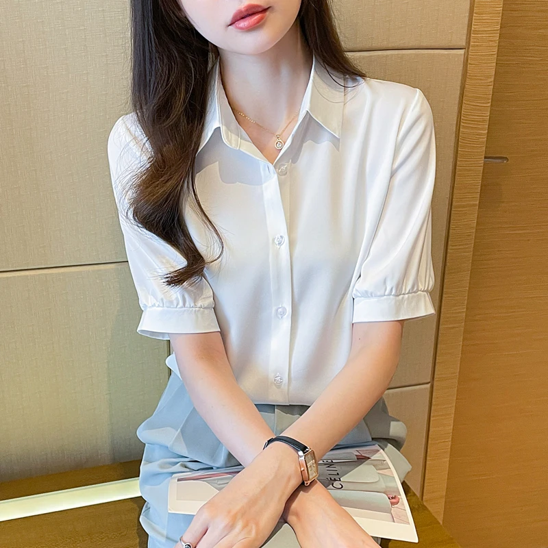 

Korean Fashion blouse women Short Sleeve Spliced Women Tops OL Summer New Women's Clothing Turn-down Collar Lantern Sleeve Shirt