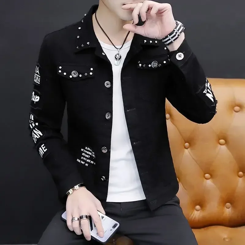 Men's Denim Jacket Short Rivet Casual Slim White Male Jean Coats Korea Lxury Washed in Lowest Price Size L of Fabric Rock Joker - Detail 1