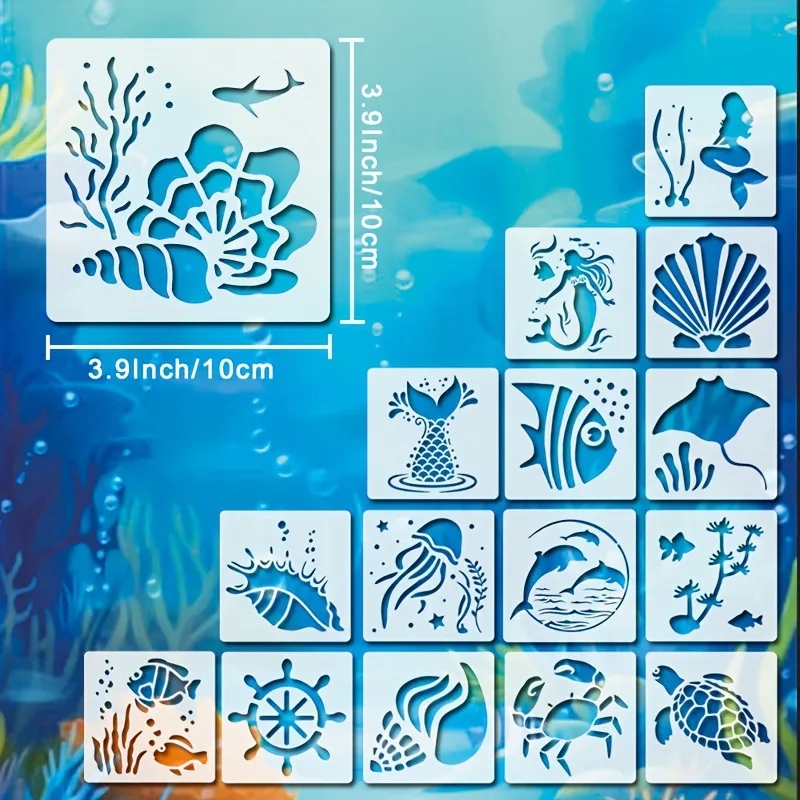 16pcs DIY Mermaid Ocean Turtle Dolphin Spray Painting Stencils Reusable Plastic Templates For Fabric Wood Paper-Craft Supplies - view 6