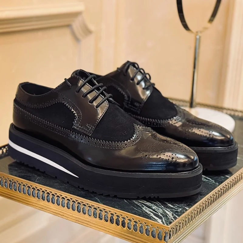 British High-end Derby Shoes for Men's Genuine Leather Comfortable Breathable Casual Height Increasing Shoes Block Carving Shoes