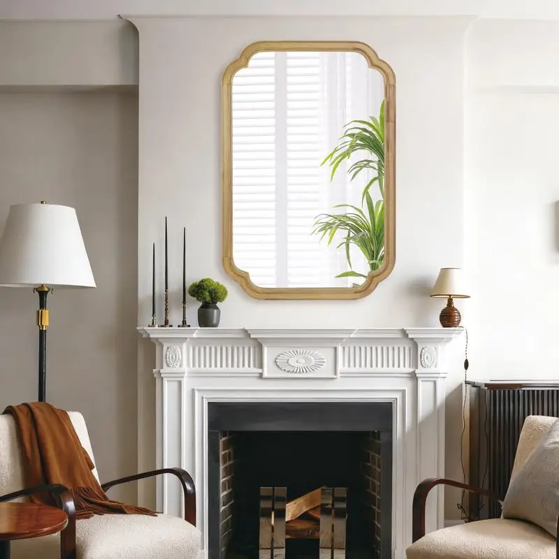 

Natural Wood Color 24x36 Solid Wood Frame Rounded Corner Decorative Mirror, Ideal for Bedroom, Bathroom, Living Room, and