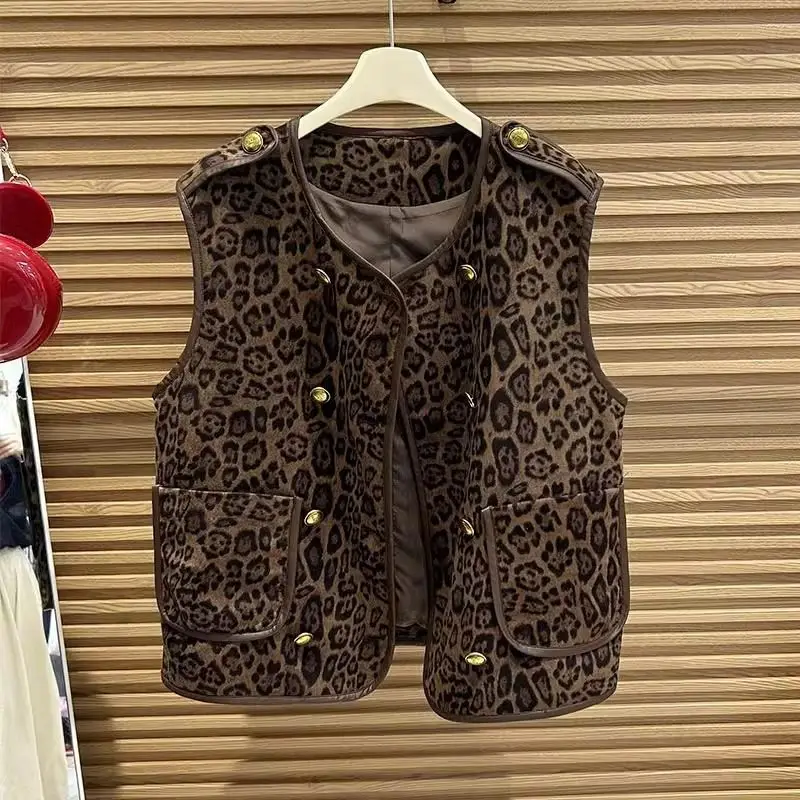 

Double-breasted Leopard Print Vest Jacket Women's Spring Autumn New Fashion Tops Oversized