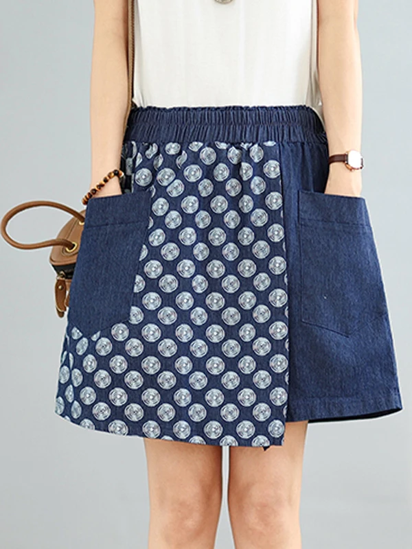 

plus Size Women's Denim Wide Leg orts Elastic Waist Five-Quarter Length Fake Two-Piece Skirt Pants Summer Casual Loose Fit