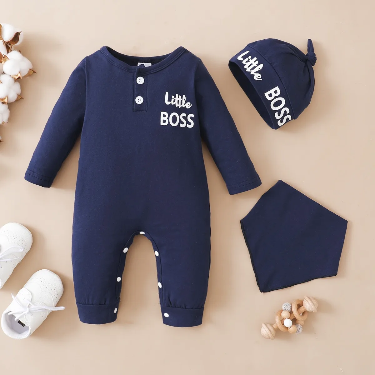 

0-12 Months Newborn Baby Boy Bodysuit Toddler Baby Romper Long Sleeves Letter Print Jumpsuit+Hat Fashion Cute Style Daily Wear