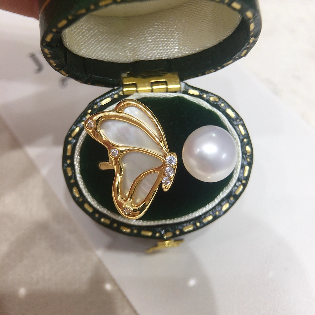 ZHBORUINI 5A High Brightness Natural Freshwater Pearl Ring  Jewelry With 14K Gold-Plated Seashell Pearl Ring