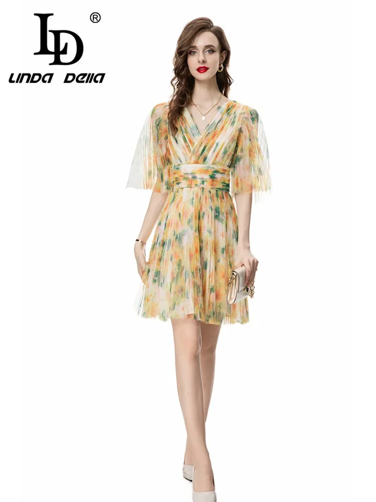 

LD LINDA DELLA Summer Runway Vacation Dress Women's Bohemian Floral Print Tunics Net Yarn Sexy Backless V-Neck mini Dresses