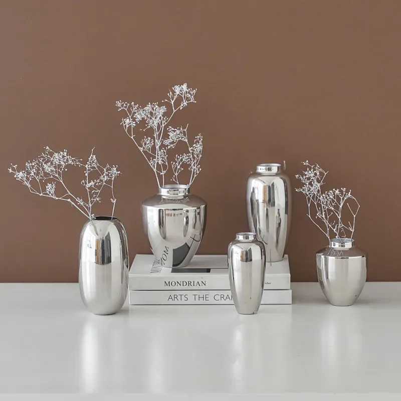 Modern Simple Stainless Steel Silver Flower Ware, Living Room TV Cabinet Background Wall Creative Decoration Small Vase Ornament