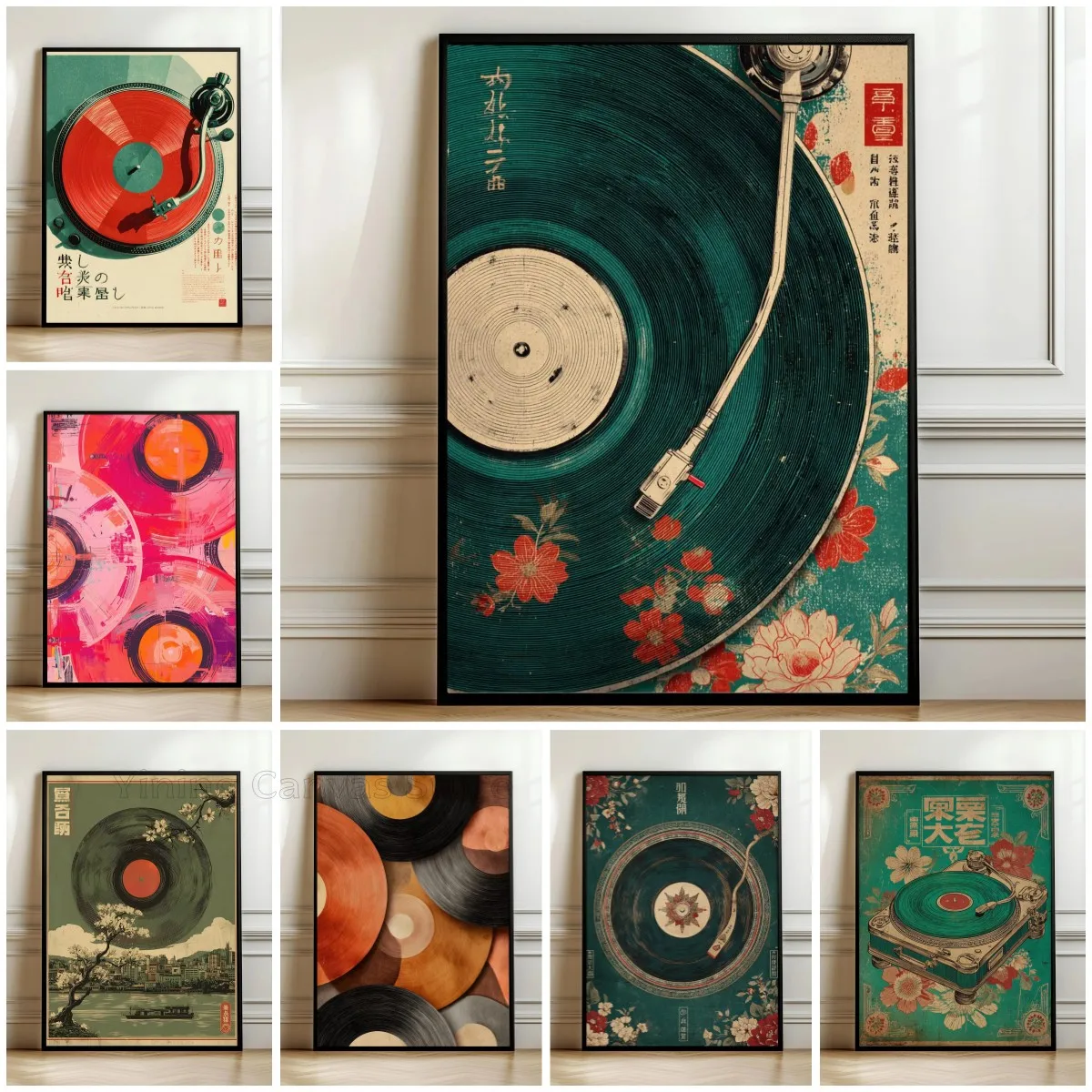 1PC frameless decorative art print,Japanese Turntable Wall Art Gift, Floral Vinyl Record Poster, Retro DJ Music Decor, Teal Gree