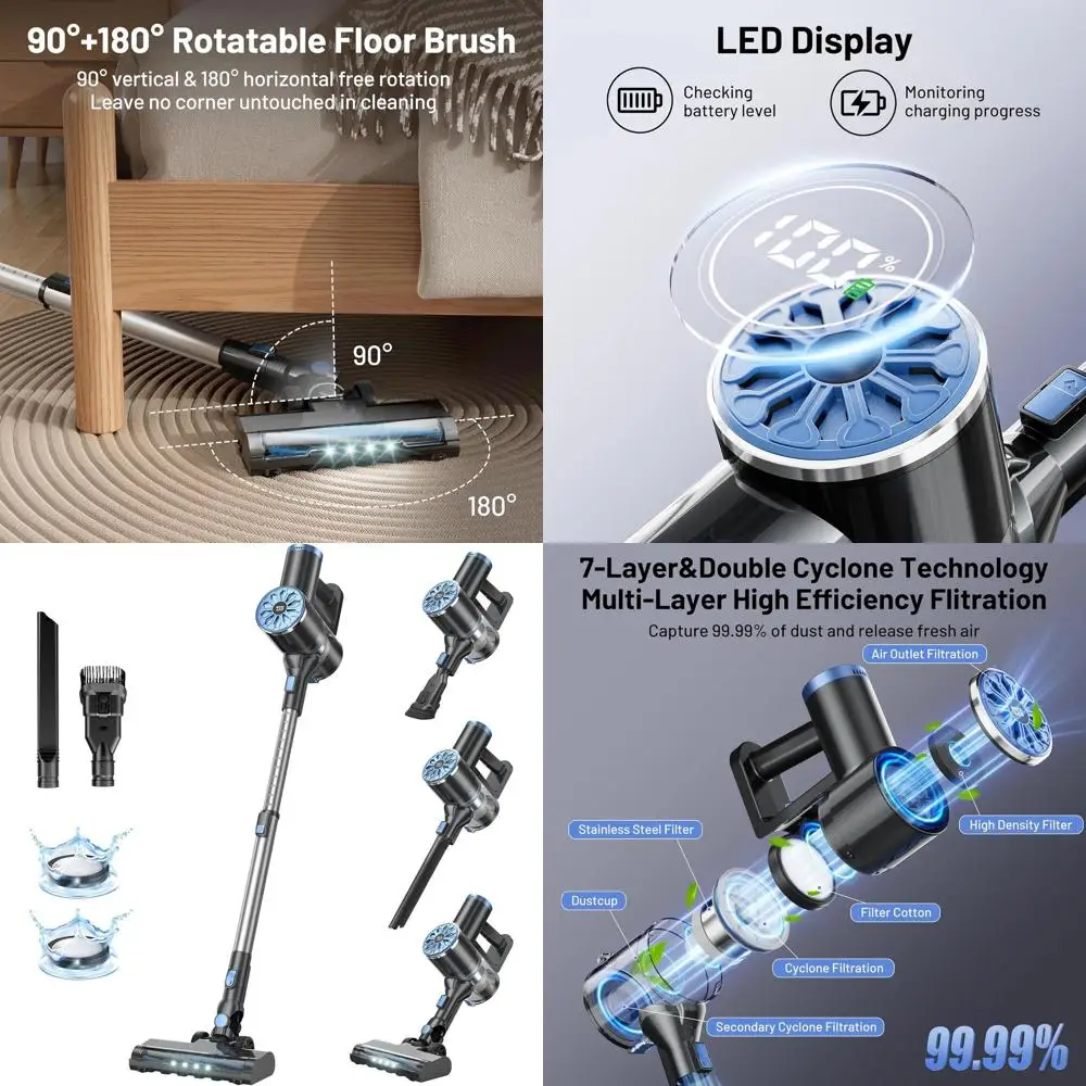 

Self-Standing LED Stick Vacuum Cleaner: Lightweight, Powerful Suction for Home, 6-in-1 Rechargeable Vacuum for Carpets, Pet Hair