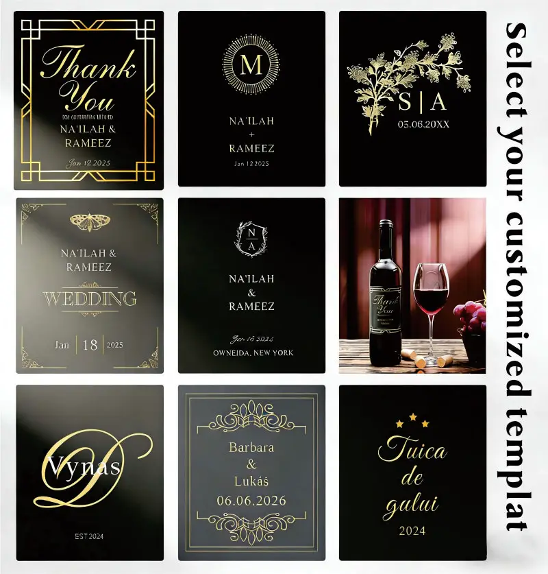 

Customized wine bottle packaging stickers and labels for birthdays, holidays, weddings, and other occasions