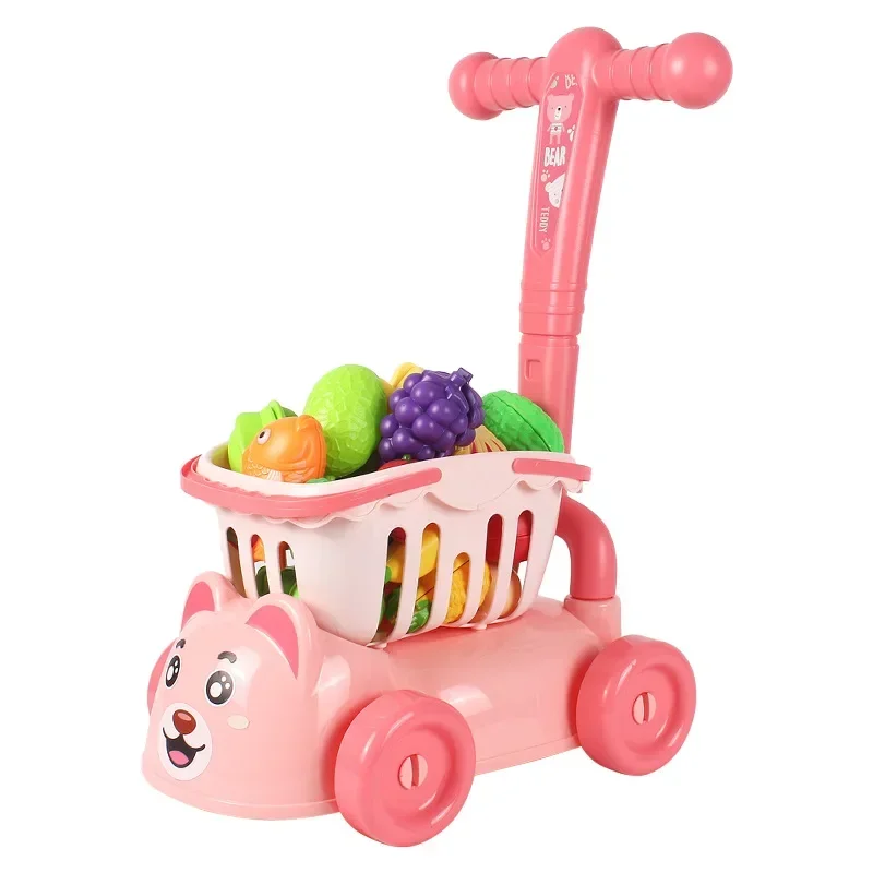 Kids Kitchen Role Play Fruit Cutting Set Simulation Supermarket Shopping Cart Toys For Walker Baby 1 to 3 Years Old Boys Girls