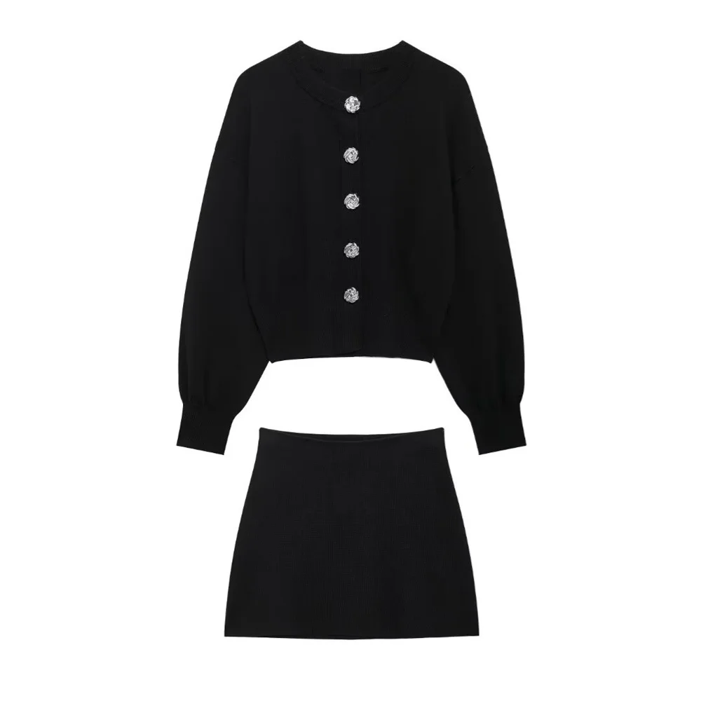 2024 RARF new women\'s simple large buckle decoration round neck long sleeved knitted jacket half skirt set