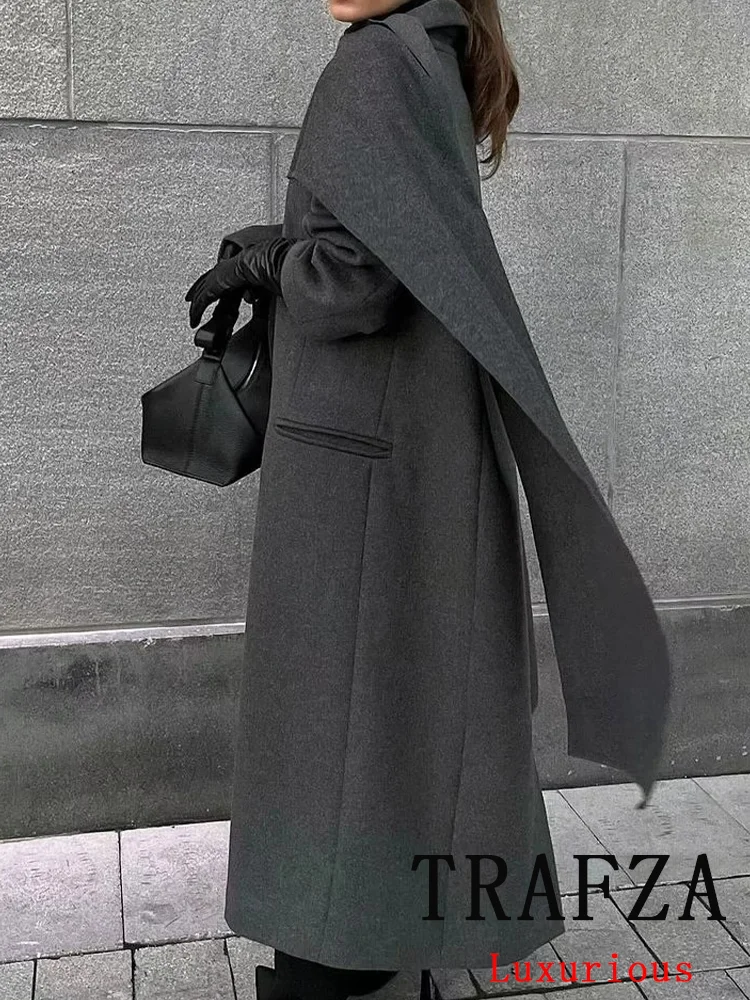 TRAFZA Vintage Chic Women Overcoat Solid Scarf Turn-down Collar Oversized Long Jackets Fashion 2025 Spring Winter Thick Coats