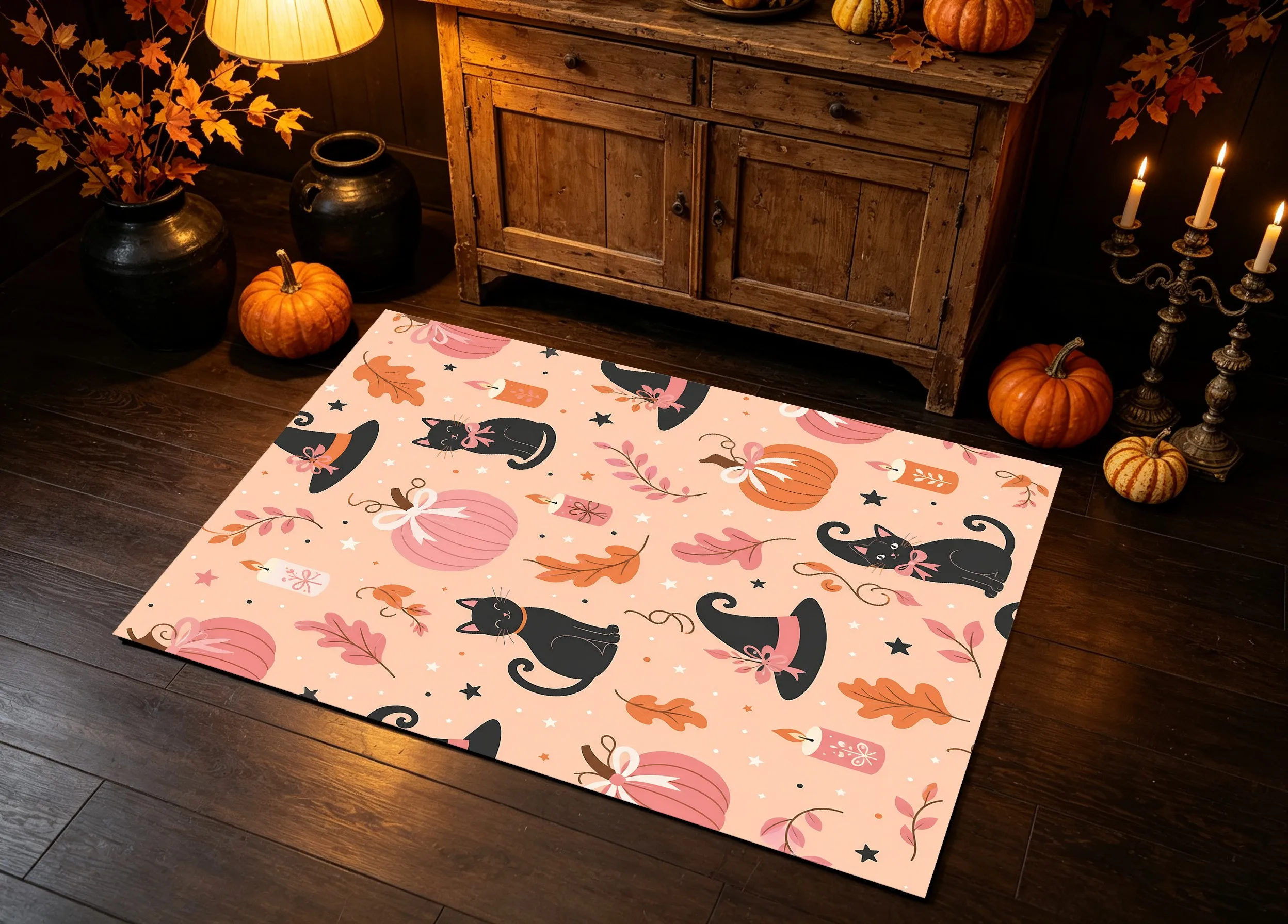 Large Area Rug Halloween Black Cat Pumpkin Wizard Hat Print Soft Velvet Living Room Bedroom Entryway Home Decor Area Rug
