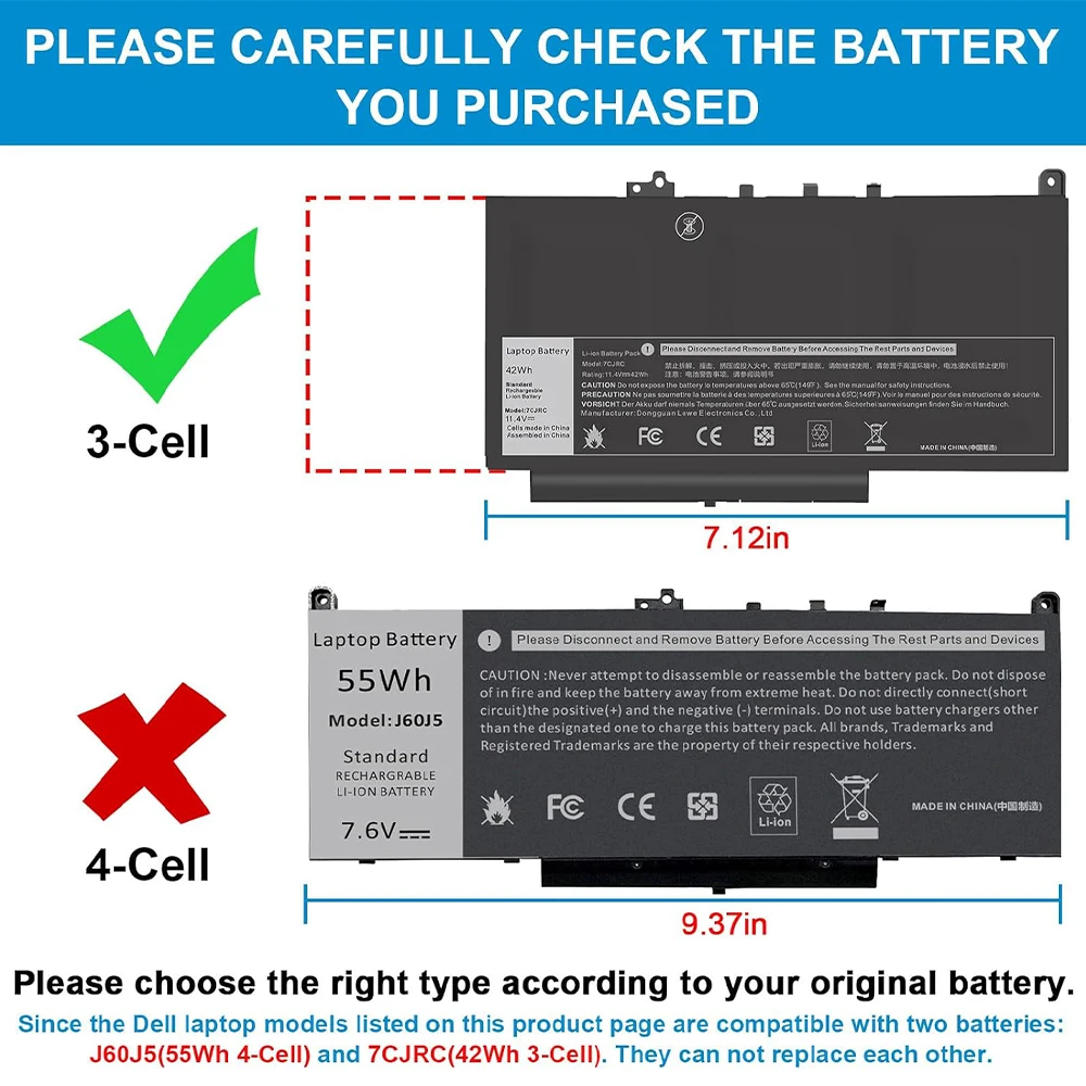 42Wh 3-cell 7CJRC Laptop Battery for Dell Latitude 7470 7270 E7470 E7270 Battery 7CJRC KNM09 0KNM09 21X15 021X15 TX283 0TX283
