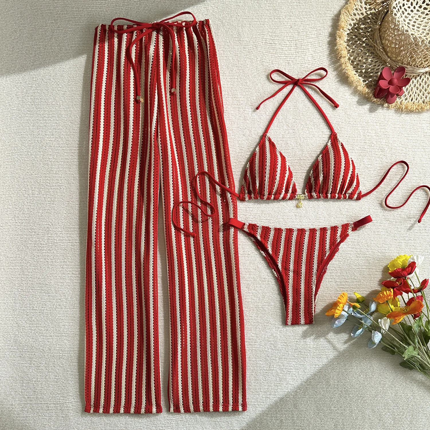 Striped 3PCS Bikini Set With Pants 2026 New Women Swimsuit Female Swimwear Beachwear Swimming Suit Bathing Suit Bikinis Biquini