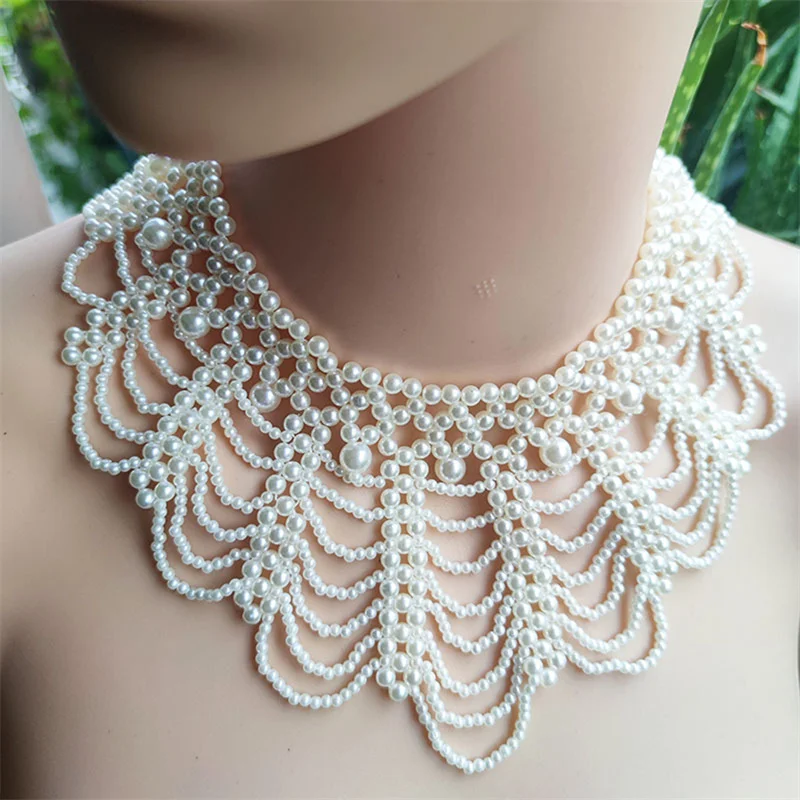 Detachable Blouse Fake Collar Faux Pearl Beaded False Collars Choker Necklace Summer Cloth Accessory for Women Girls Fake Collar