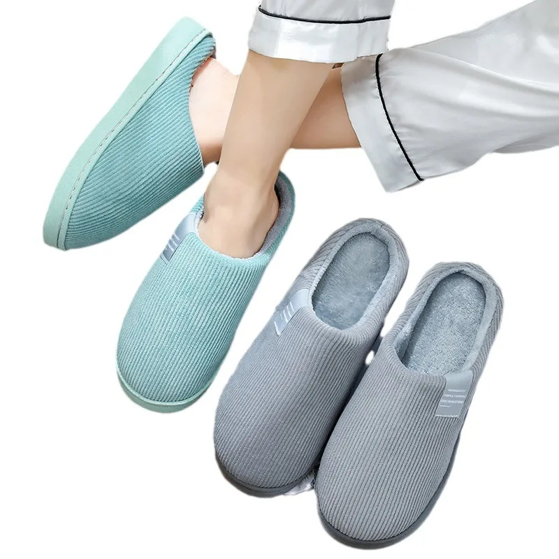 Autumn Winter Fleece-Lined Thickened Cotton Slippers Women\'s Anti-Slip Soft Bottom Home Couple Hair Slippers Wholesale