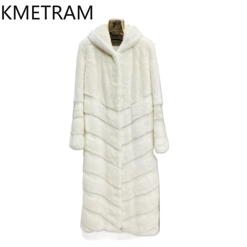 

Куртка из 100% цельного норкового меха, женская роскошная белая длинная шуба из натурального меха с капюшоном, 2022, высококачественная зимняя одежда для женщин Fourrure