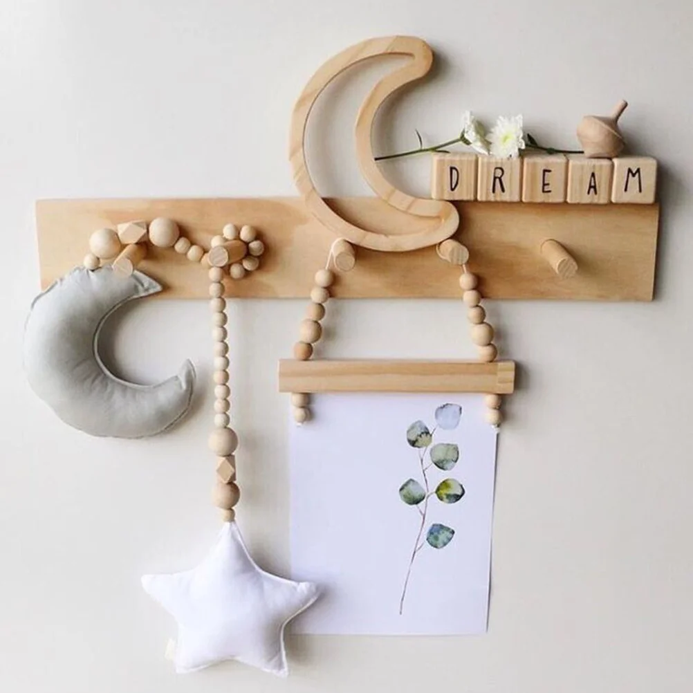 

Moon Star Wooden Beads Hanging Ornament White Nursery Crib Room Decoration Crib Hanging Ornament
