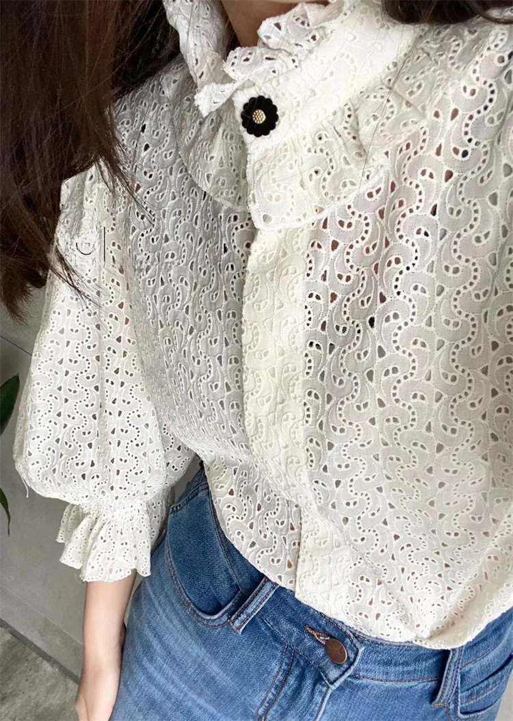 

Susan Faion Classic White Lace Collar Long Sve Pure Cotton irt Spring Summer Versatile Women's Busin Casual Top