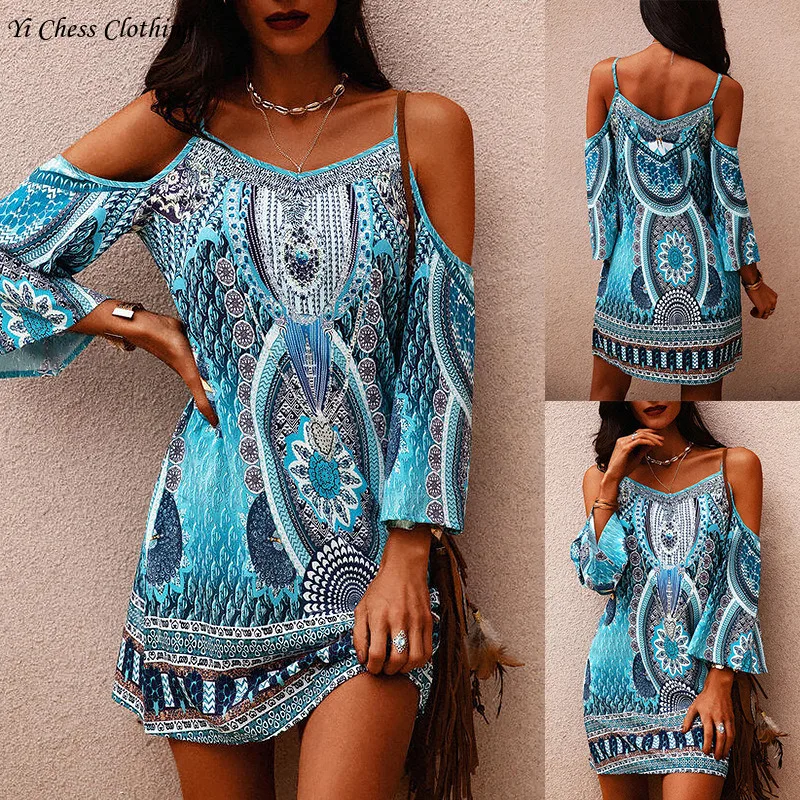 Women's 2024 Fashionable Summer Watch Strap Printed V-neck Flare Sleeves Off The Shoulder Sexy SuSpender Dress dresses female