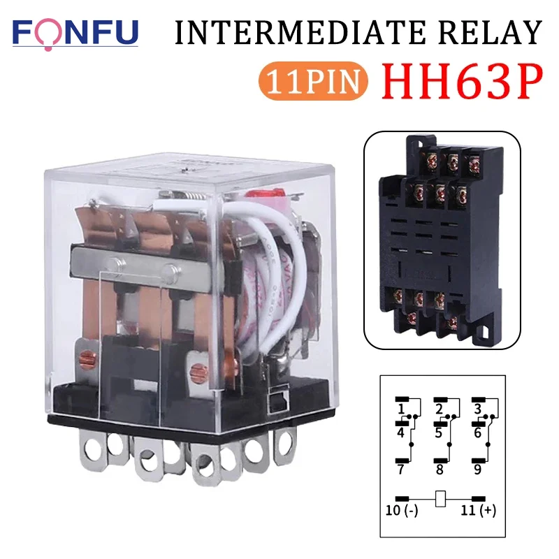 

5PCS HH63P Small Coil General Electromagnetic Intermediate Relay 10A 250V 3NO-3NC LY3NJ 11pin switch DC 12/24V AC 220V relay 12V