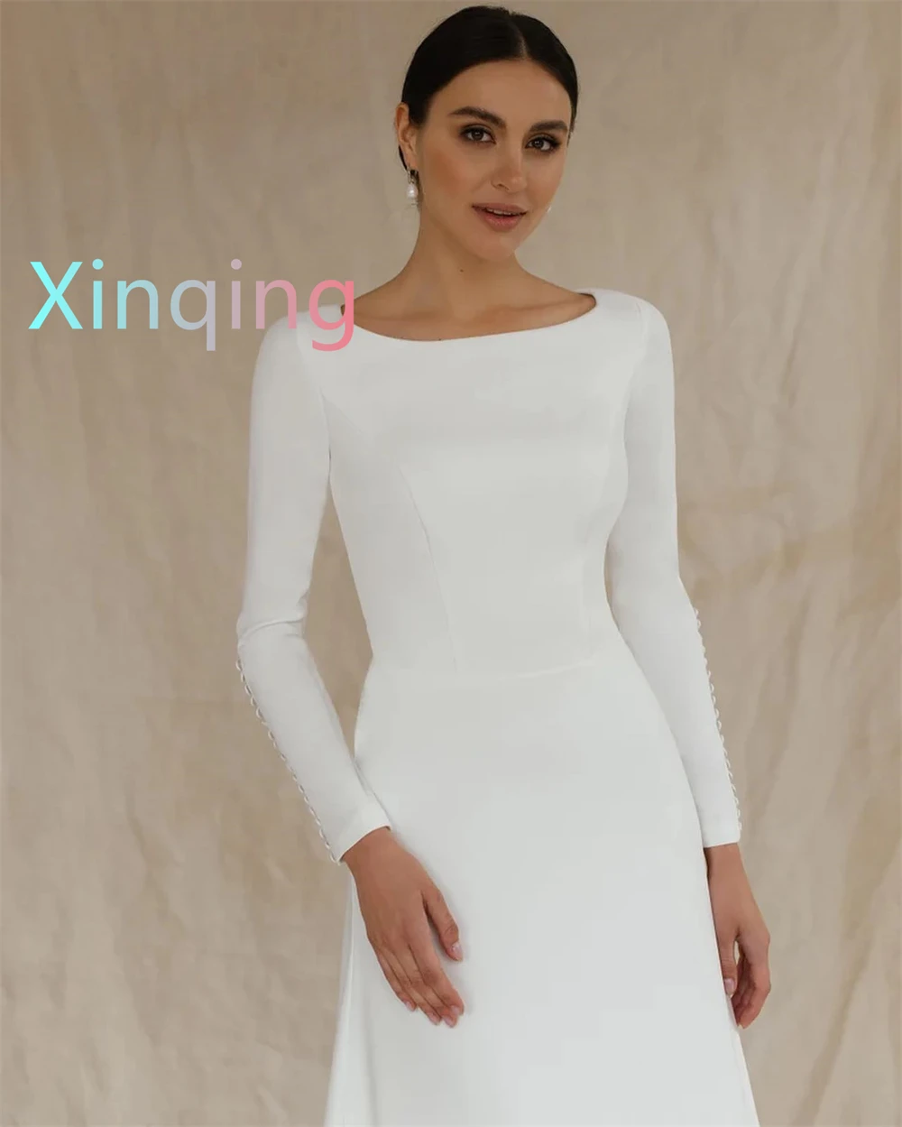맞춤형 꿈꾸는 흰색 웨딩 드레스 고품질 긴 소매 공식 드레스 클래식 미디 드레스 2025 여성을위한 신부 가운