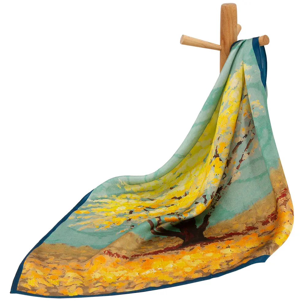 

100% Pure Silk Scarf Women Bandana Female Tree Painting Hair Scarf Wholesale Top Natural Silk Square Headband Luxury Lady Gift