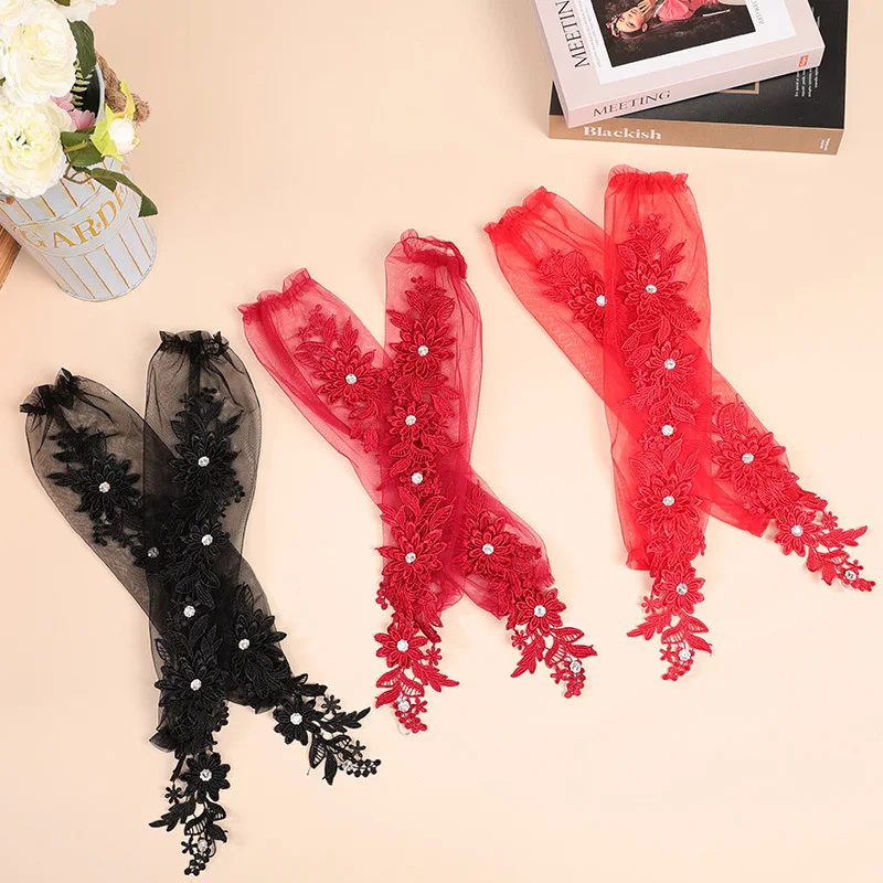 

48cm Women Sexy Mesh Hook Finger Gloves Embroidery Elasticity Fingerless Luxury Bride Wedding Rhinestones Stage Performance