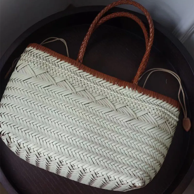 Vintage Hobos bag Manual Woven Genuine Leather Hand Bags Weave Tote Top Quality Women Basket Shopping Bags Hollow Beach