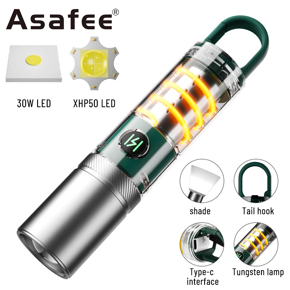 Asafee Mini Tiki P50/30W Led Camping Licht 500M Bereik Zaklamp Schijnwerper Schijnwerper Wit/Warm Oplaadbare Ipx4 Waterdicht