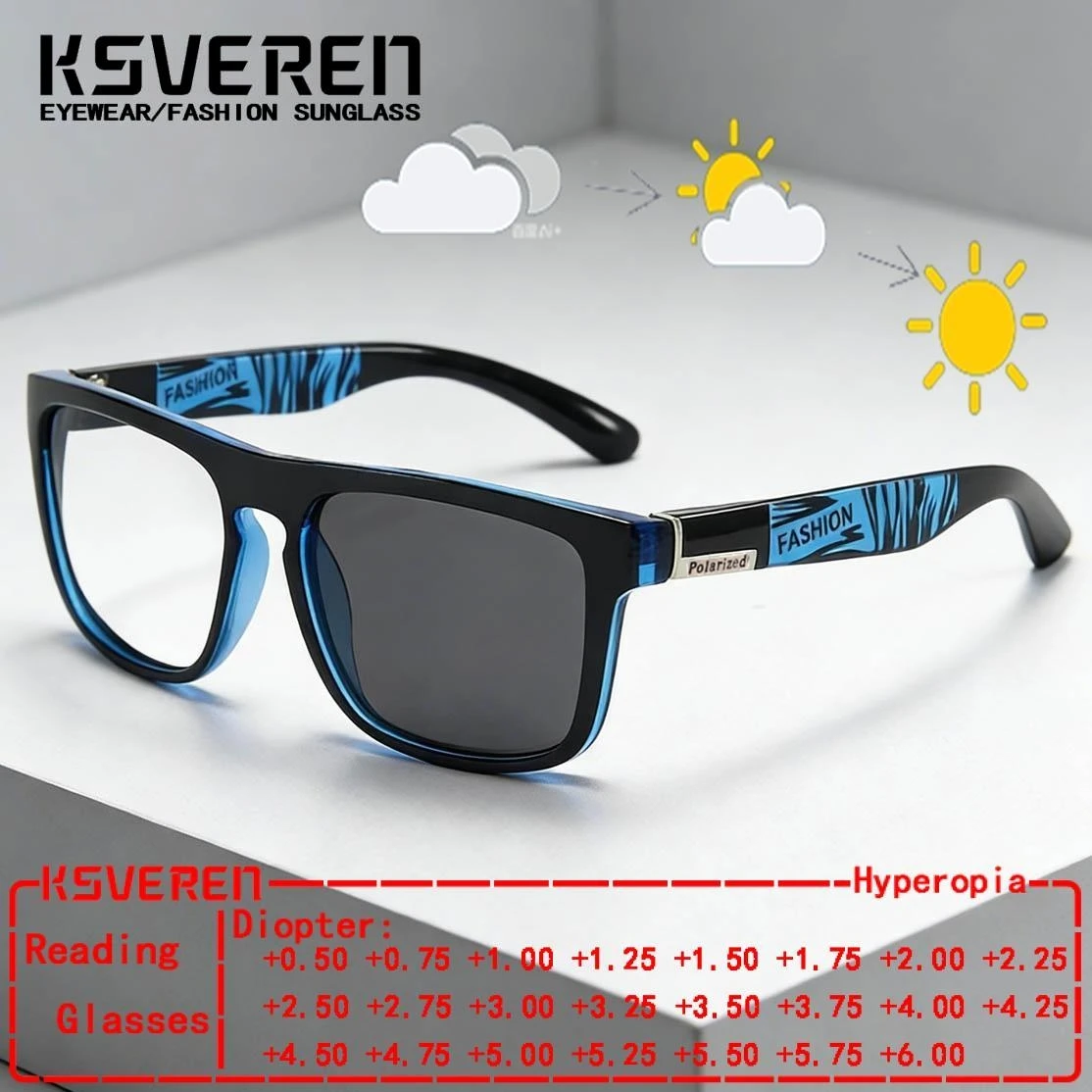 

New Square Sport Photochromic Reading Glasses Men Women Classic Prescription Presbyopic Eyewear Outdoor Color Changing Glasses