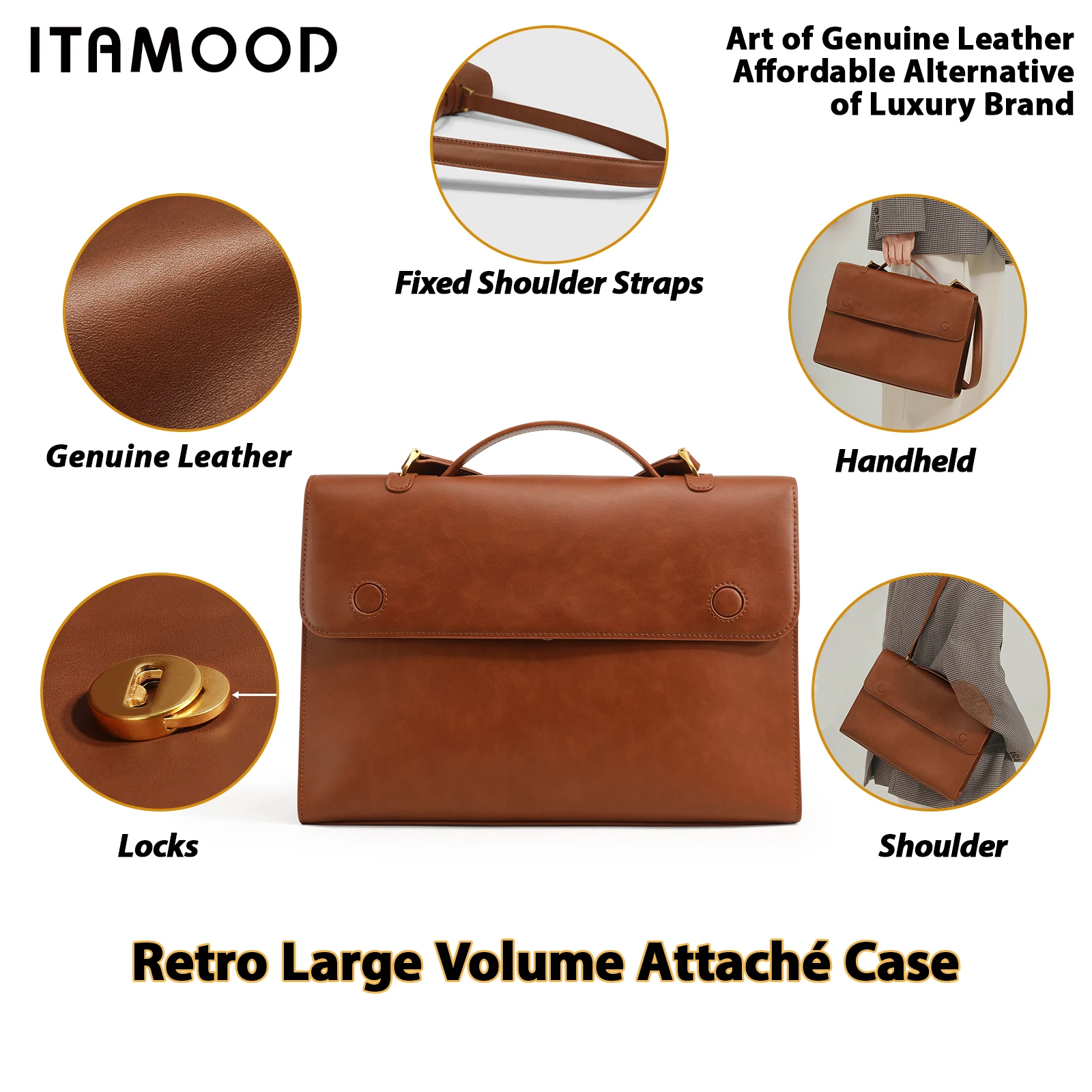 ITAMOOD Large Capacity Tote Bag Women Genuine Leather Computer Document Handbag Intellectual Briefcase Retro Commuting Shoulder