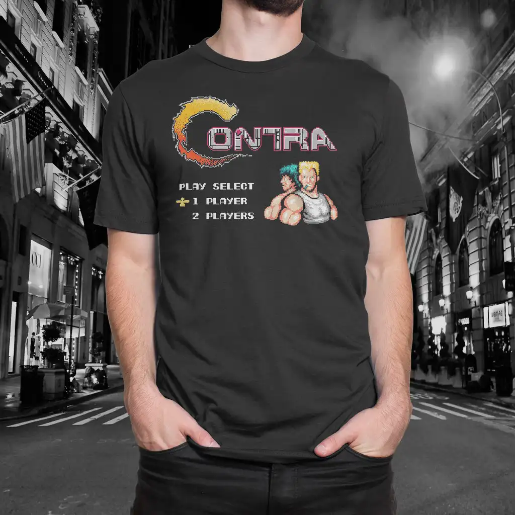 Camiseta Contra 8bit Pixel Retro NES Arcade Game com Estampa Gráfica para 1 ou 2 Jogadores, Camiseta de Algodão de Manga Curta para Homens e Mulheres