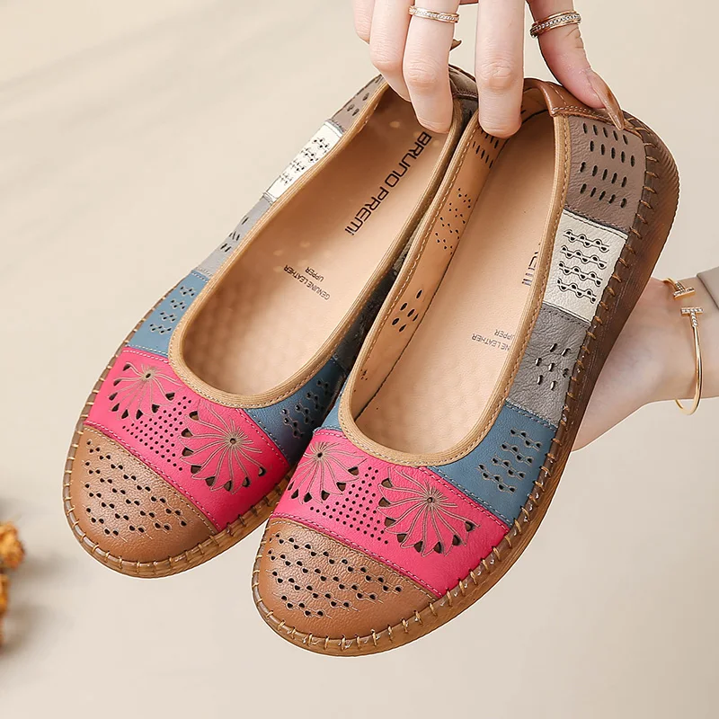 

New Genuine Leather Ballet Flats Women's Summer Breathable Shoes Slip On Hollowed Nurse Loafers Woman Vintage Driving Moccasins