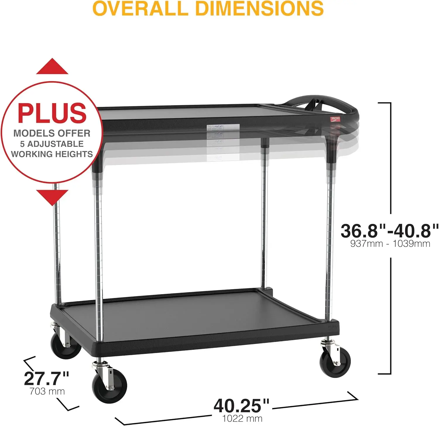 ro Mycart Plus Utility Cart - Choose-Your-Height Adjustable Heavy Duty Rolling Cart For Home, Commercial And Industrial Use