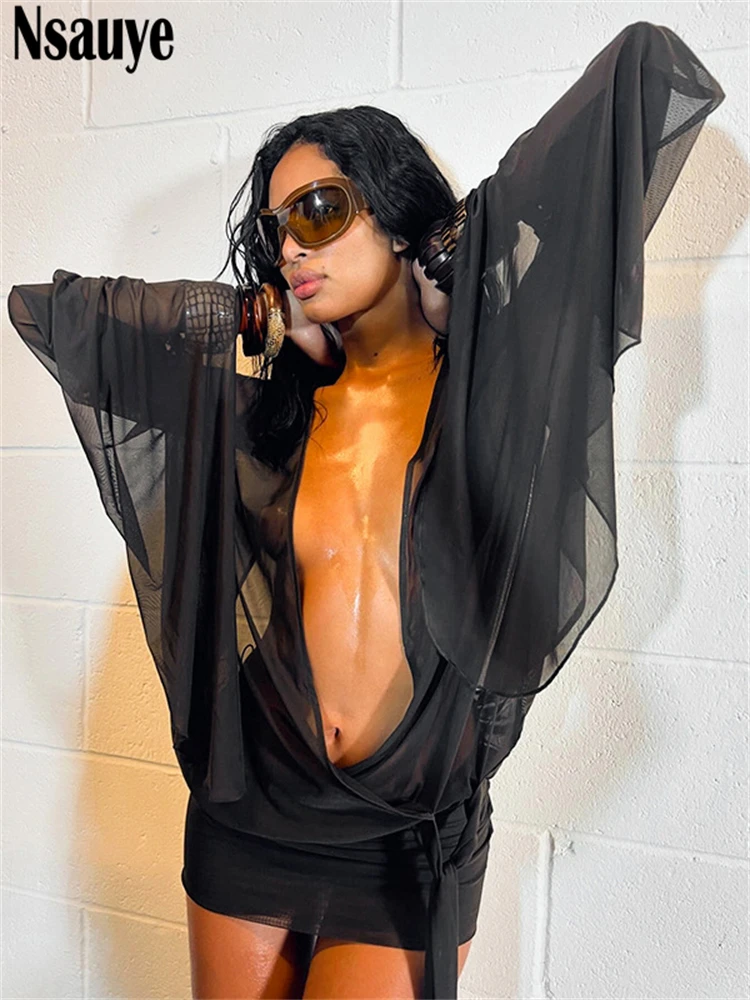 Nsauye Sexy Women Mesh Low Cut Out Fashion Summer New 2025 Mini Dress Backless Long Sleeve Evening Party Night Club Dress Outfit