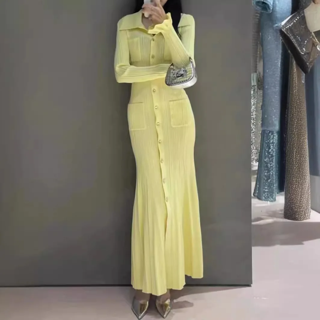 Women\'s yellow knitted maxi dress slim elegant long sleeve single breasted party dress