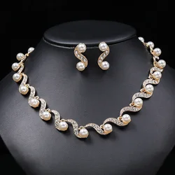 Pearl Necklace Earrings Two-piece Female Wedding Necklace Set Alloy