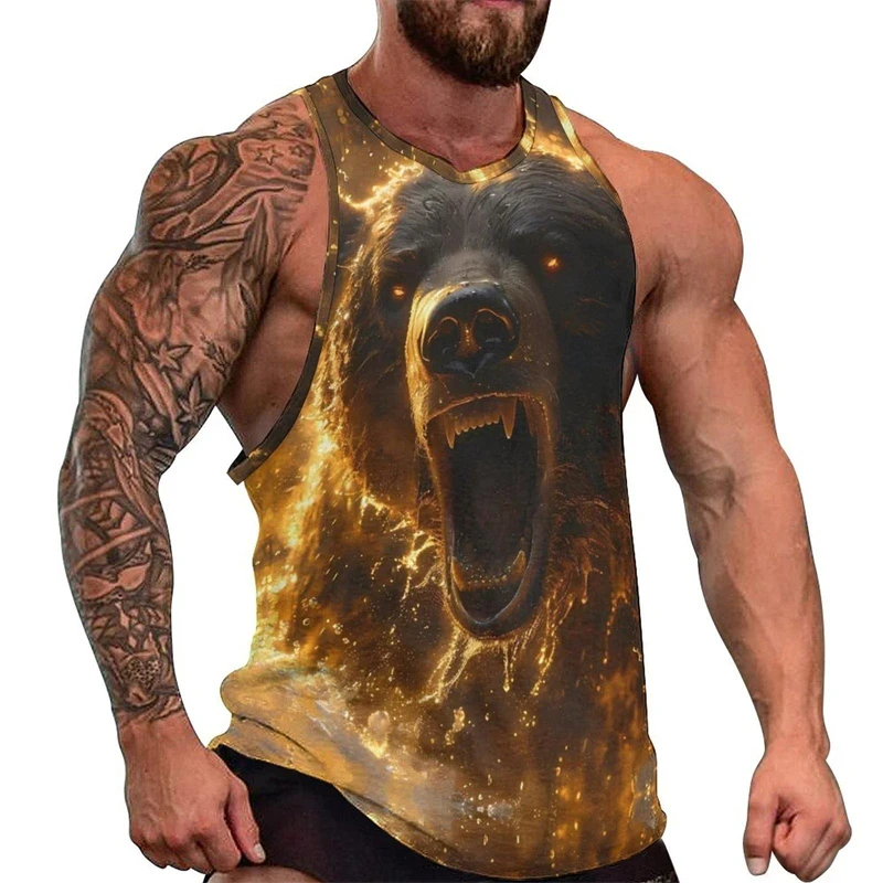 3D Tiger Lion Bear Printed Tank Top Gym Muscle Clothing Men Summer Streetwear Basketball Vest Quick Drying Sleeveless Undershirt