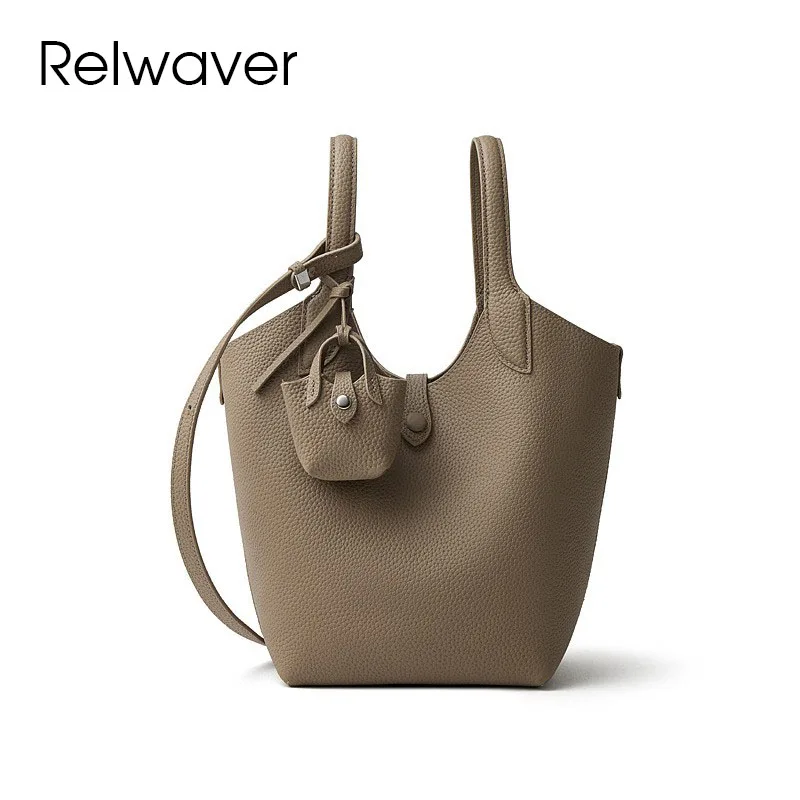 

Relwaver women shoulder bag genuine leather crossbody bag 2025 winter fashion grey bucket bag small composite women handbag
