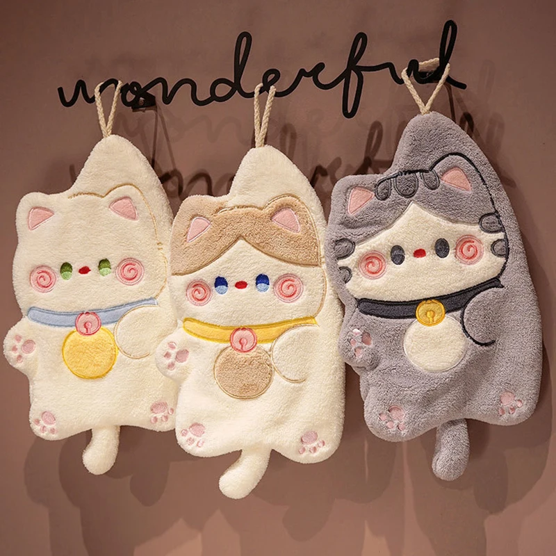 

Cute Cat Hand Towel Quick Dry Kitchen Cleaning Wipes Coral Velvet Cartoon Absorbent Hanging Towel Bathroom Accessories