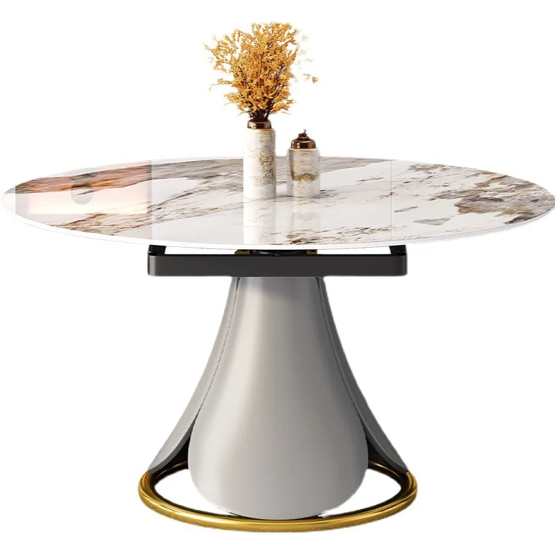 

Light luxury rock slab dining table and chair combination, small household retractable round table