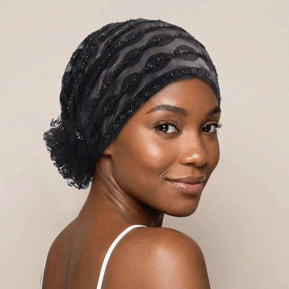 Fashion Soft Lace Curling Hat Breathable Dome Elastic Curly Hair Hat Solid Color Brimless Beanie Mesh Lace Pullover Cap Outdoor