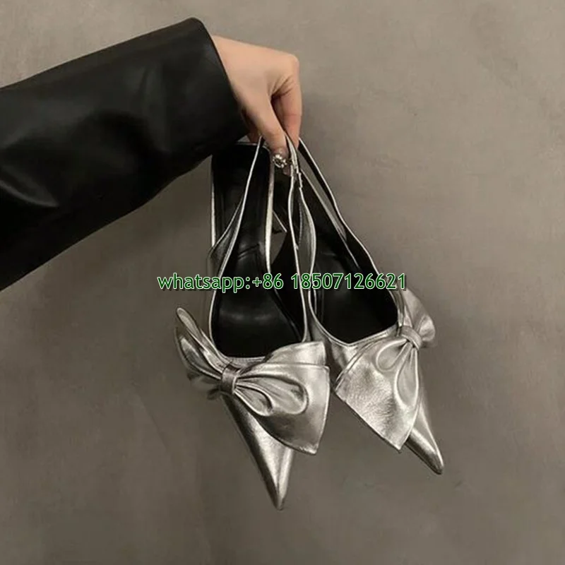 

Silver Bow-Decorated Slingback Pumps Buckle Large Size Pointed High Heels