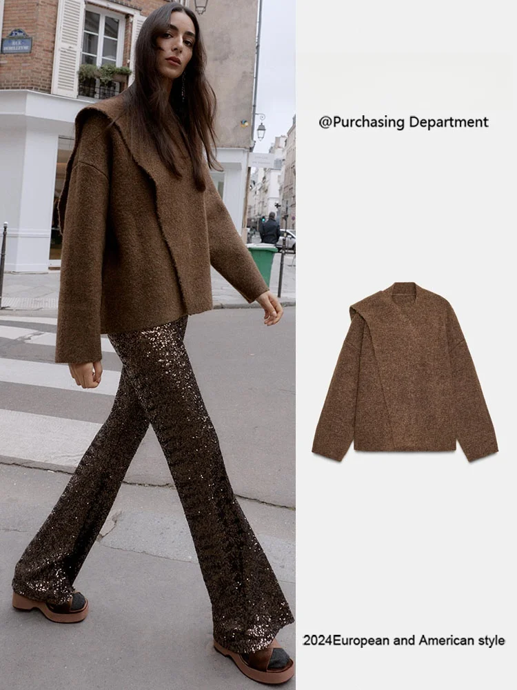 

Winter 2025 New Women's Knitted ort Coat Long Sve Scarf Versatile Outerwear Ethnic Stage Costume Length Jaet