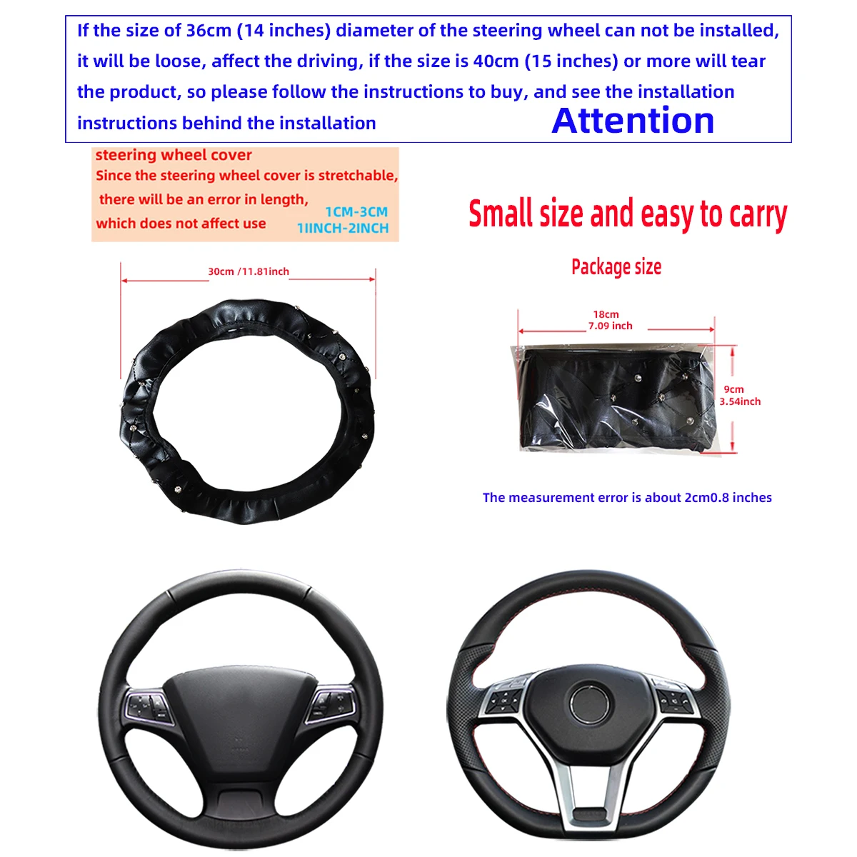 PU leather embossed with diamonds, Blingbling. Car rimless steering wheel cover for interior decoration. Suitable for all season